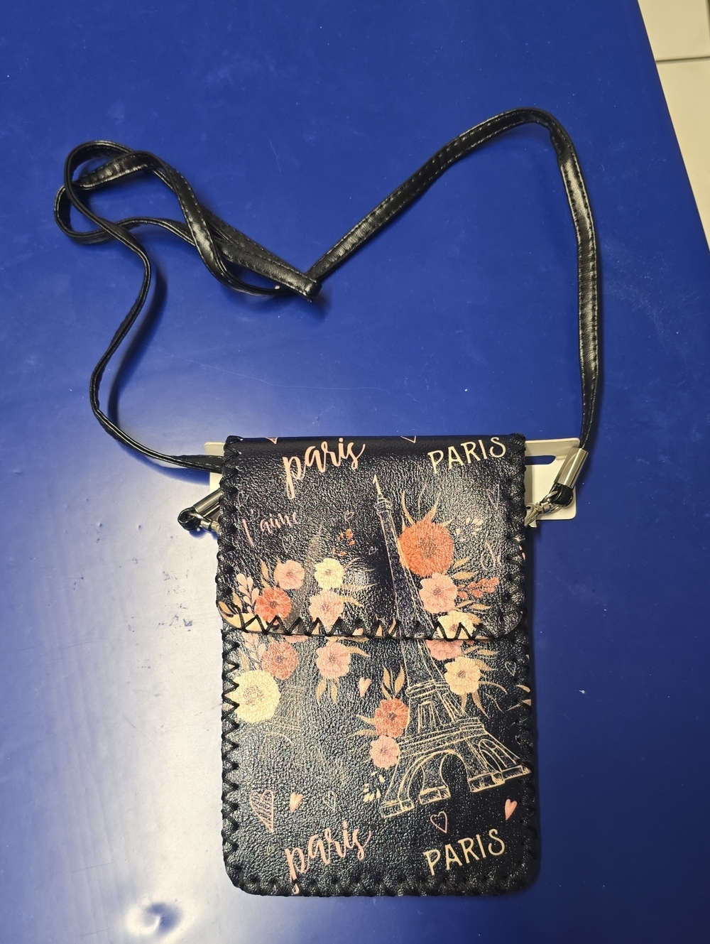Black Floral Paris Crossbody Phone Bag with Strap